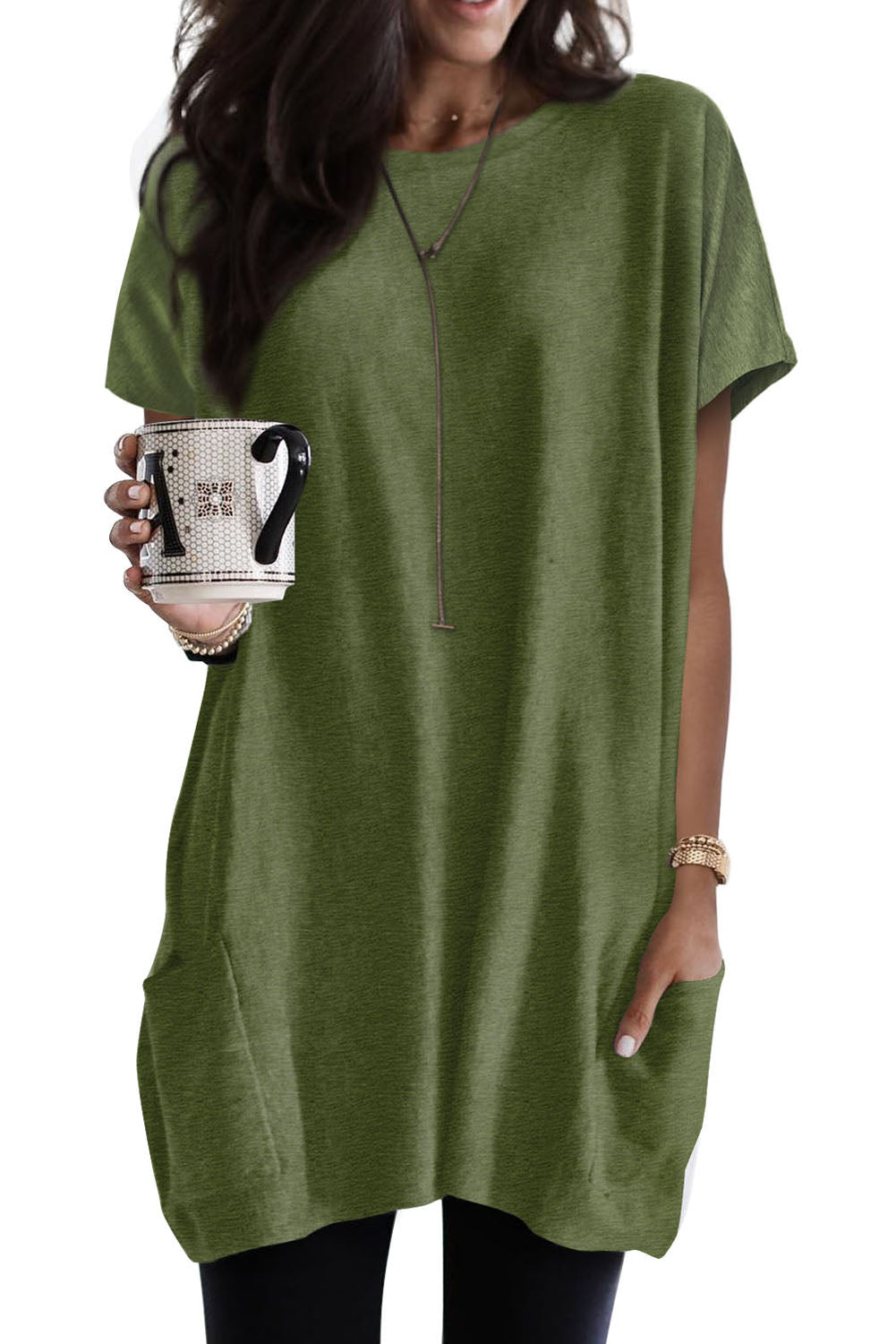 Khaki Side Pockets Short Sleeve Tunic Top