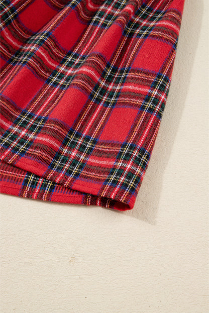 Red Christmas Plaid V Neck 3/4 Sleeve Tie Waist Ruffle Hem Long Dress