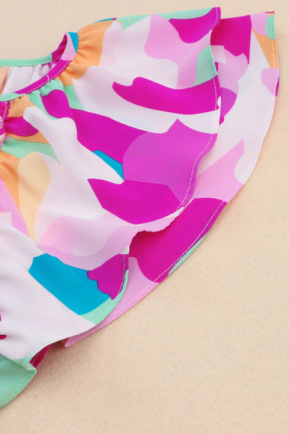 Blue Abstract Pattern Ruffle Short Sleeves Blouse