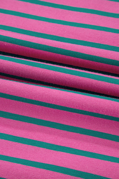 Pink Stripe Colorblock Ruffled Sleeve Crew Neck Blouse