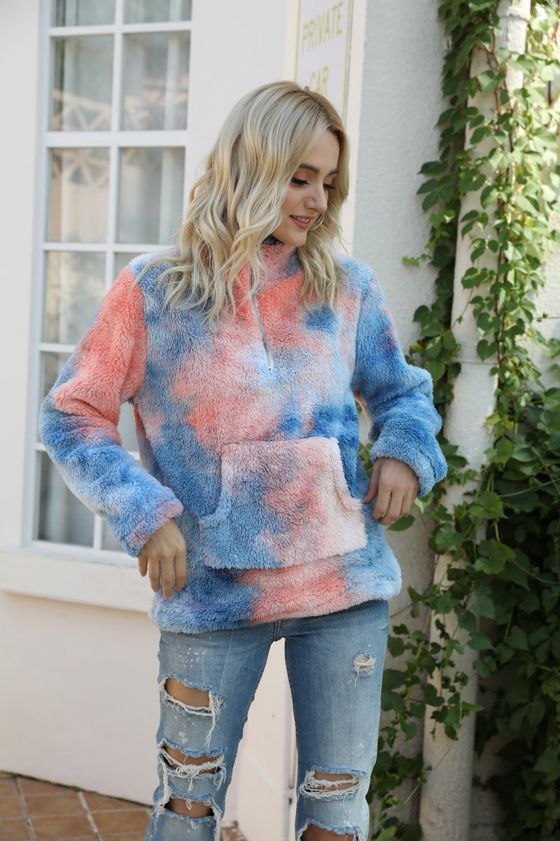 Tie-dye zipper stand collar pocket long sleeve plush sweatshirt