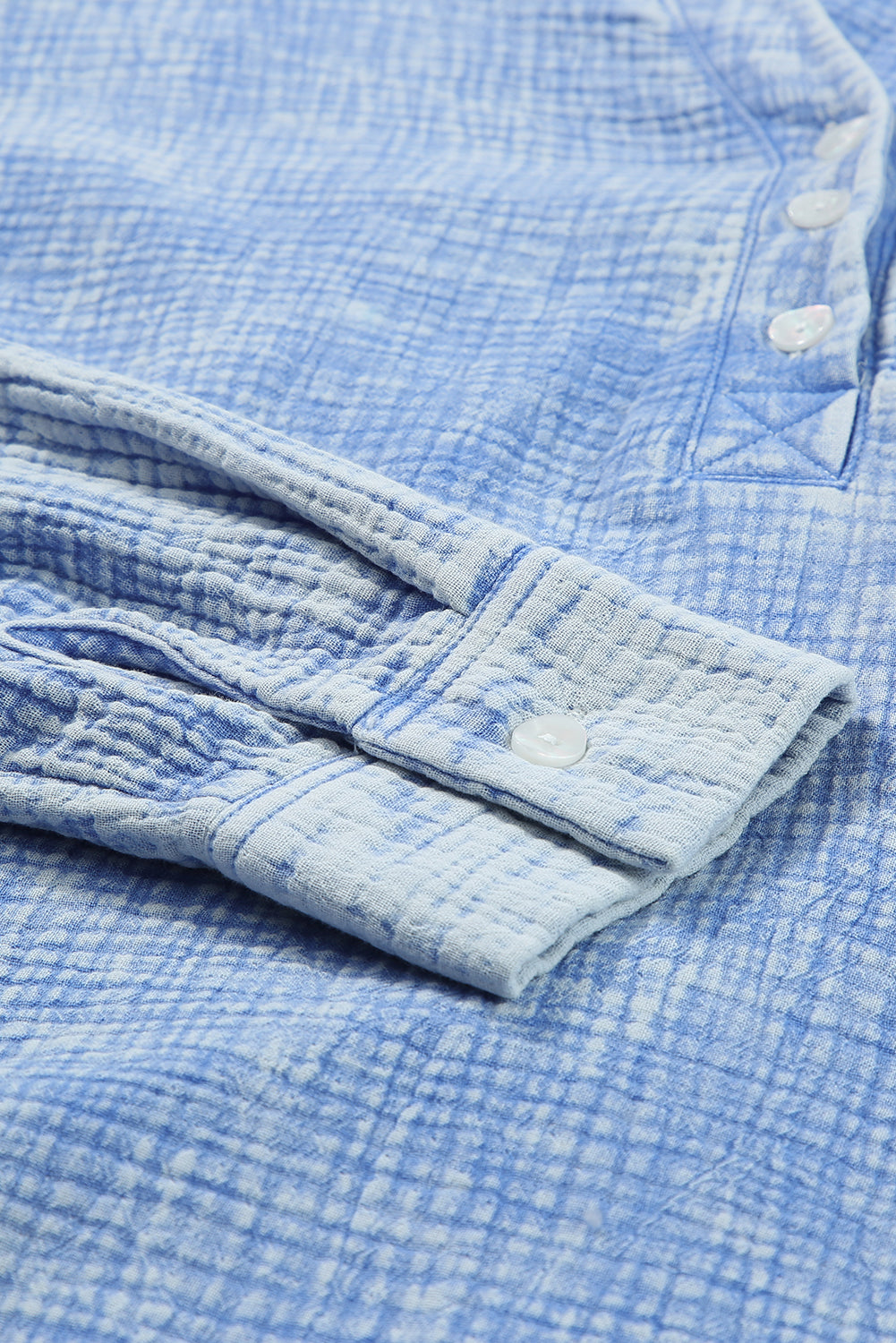 Light Blue Plus Size Split Neck Buttons Crinkled Blouse