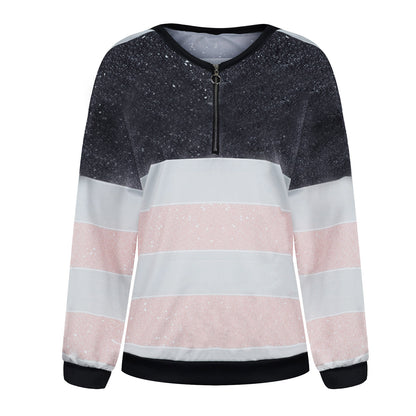 V-neck Loose Pullover Striped Starry Sky Print Women's Clothing