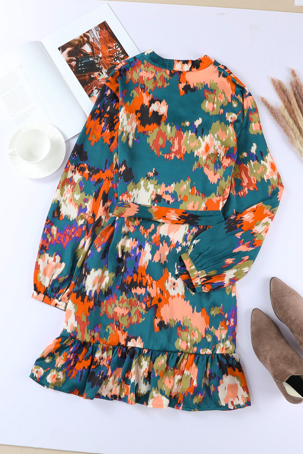 Black Abstract Print Ruffled Drawstring High Waist Mini Dress