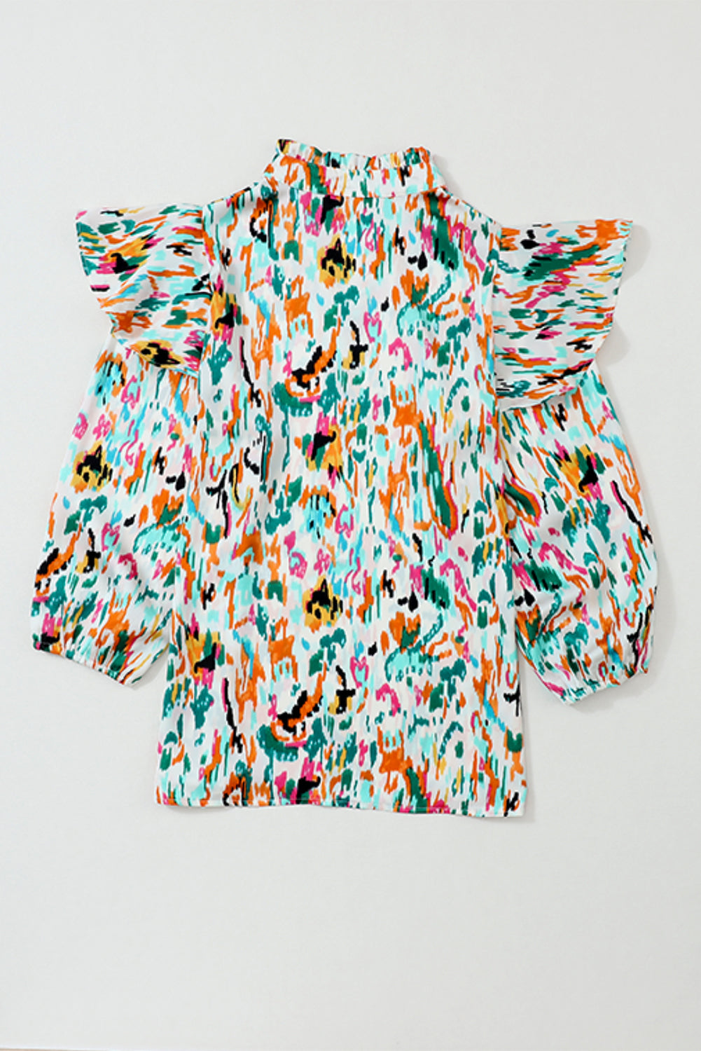 Multicolor Abstract Print Ruffled V Neck Plus Size Blouse