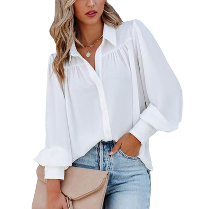 Lantern Sleeve Pleated Solid Color Loose Shirt Long Sleeve Women's Clothing