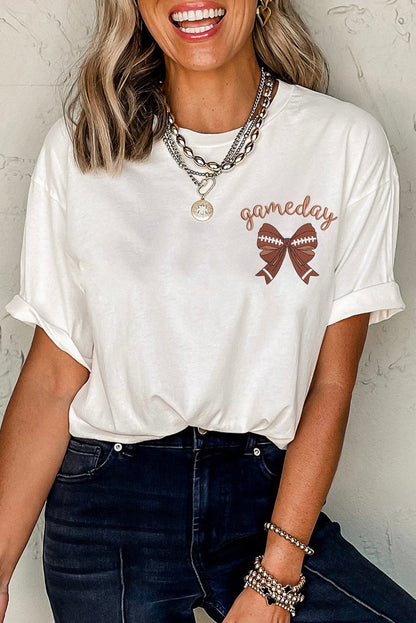 White Game Day Bowknot Embroidered Graphic Casual Tee