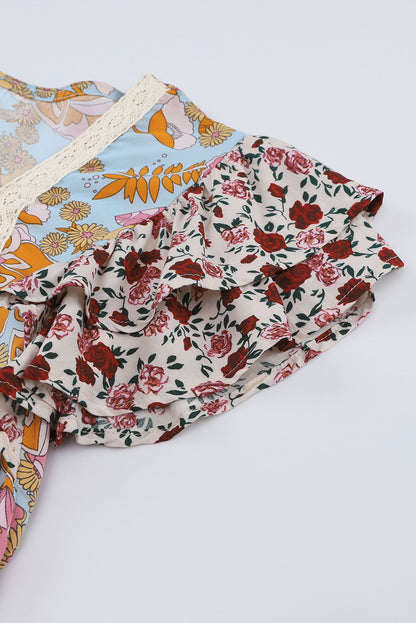 Brown Vintage Floral Smocked Bodice Flare Sleeve Tiered Long Dress