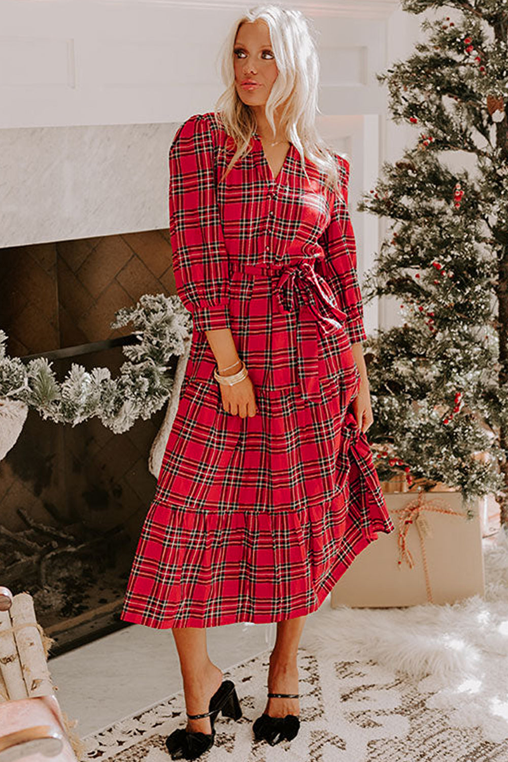 Red Christmas Plaid V Neck 3/4 Sleeve Tie Waist Ruffle Hem Long Dress
