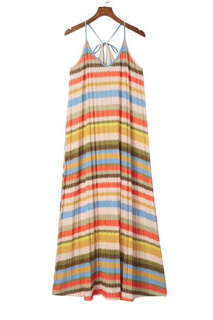 Stripe Tie Straps Loose V Neck Maxi Dress