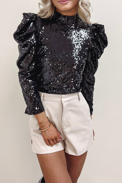 Burgundy Sequin Mock Neck Bubble Sleeve Top