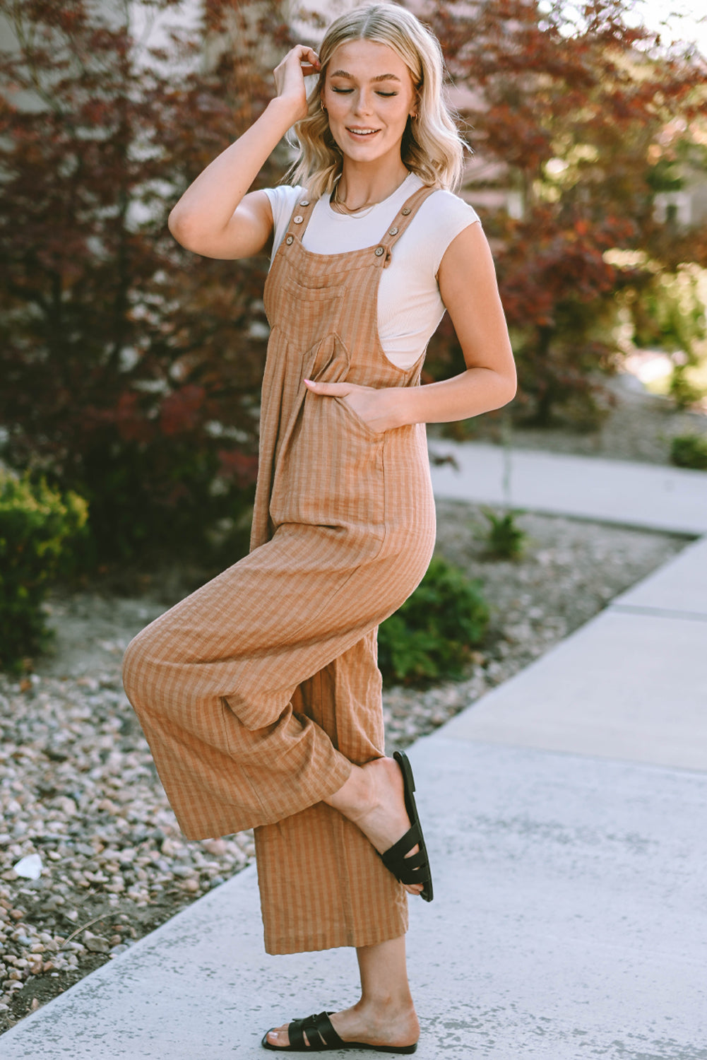 Chicory Coffee Striped Pleated Wide Leg Pocketed Jumpsuit