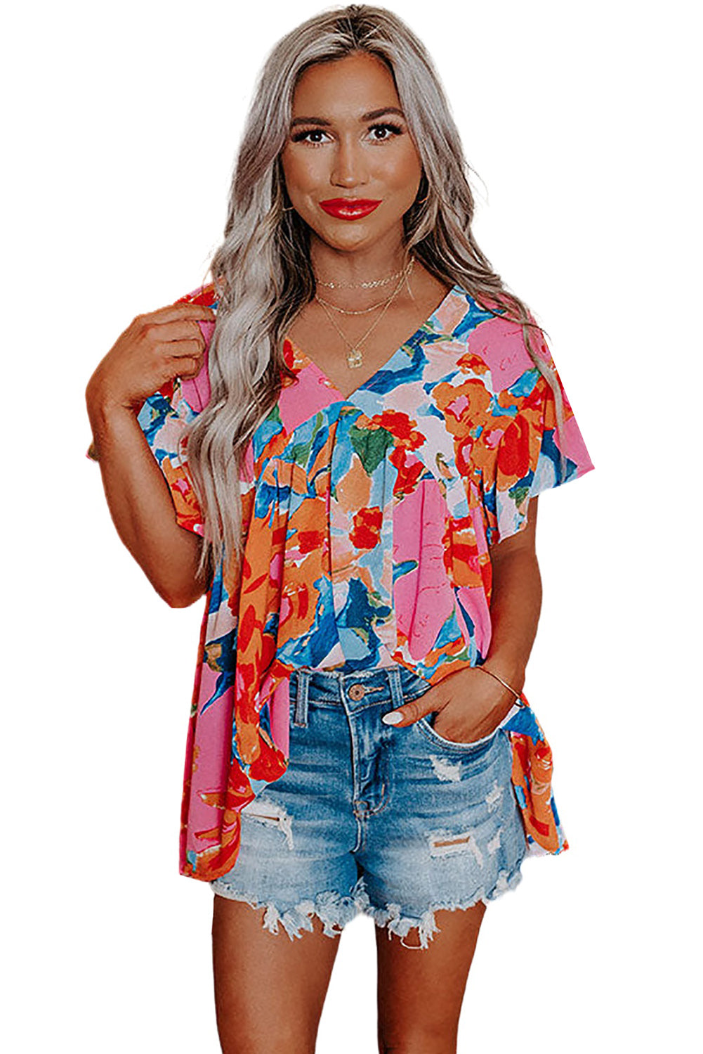 Red Abstract Floral Print V Neck Plus Blouse