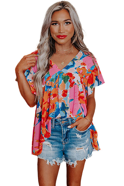 Red Abstract Floral Print V Neck Plus Blouse