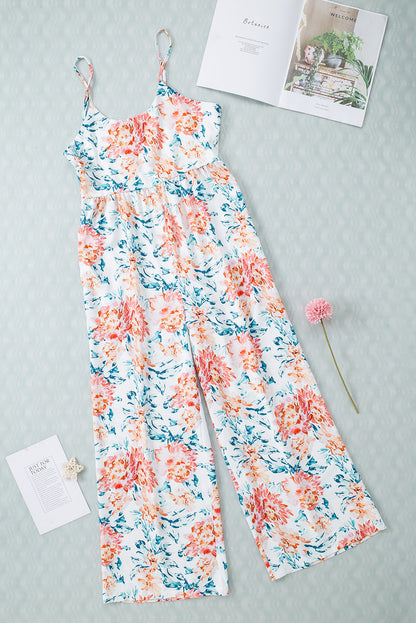 White Plus Size Floral Print Sleeveless Wide Leg Jumpsuit