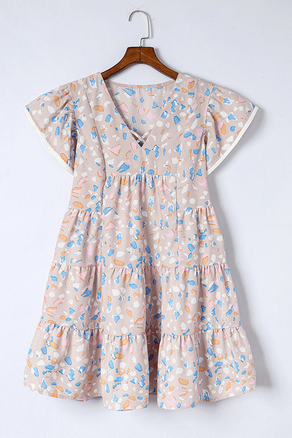Rose Printed Crisscross Decor V Neck Flutter Sleeve Dress