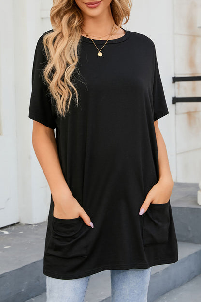 Khaki Side Pockets Short Sleeve Tunic Top