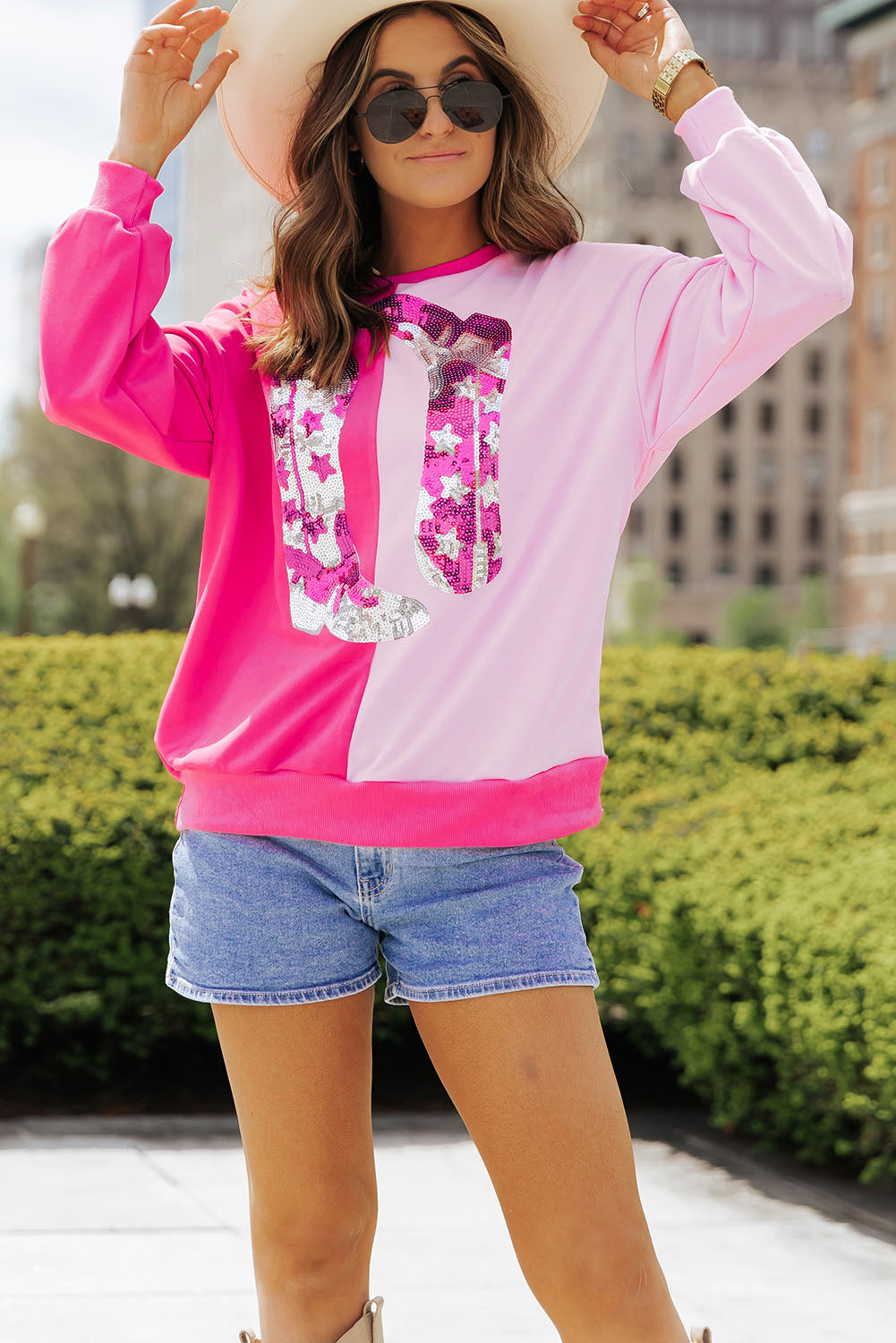Pink Color Block Sequined Cowgirl Boots Graphic Sweatshirt I cease