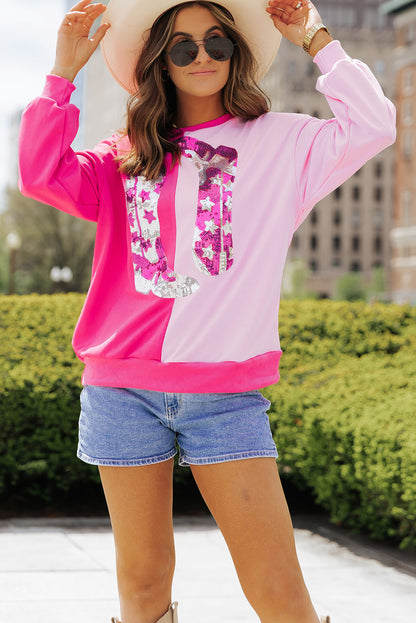 Pink Color Block Sequined Cowgirl Boots Graphic Sweatshirt I cease