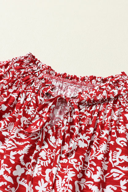 Russet Orange Floral Print Smocked Tie Neck Blouse