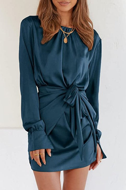 Women's Long Sleeve Round Neck Elastic Lace-up Satin Dress