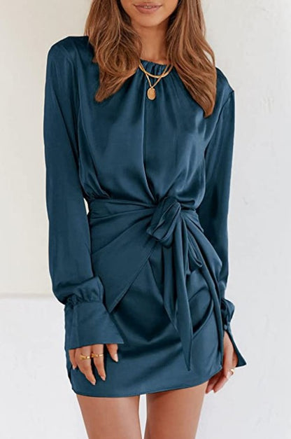 Women's Long Sleeve Round Neck Elastic Lace-up Satin Dress