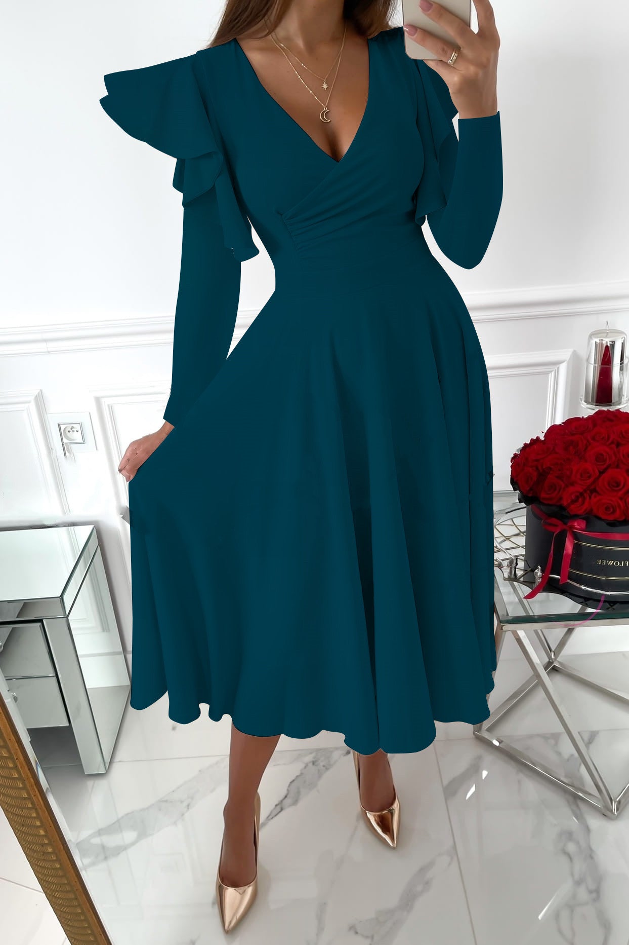 Long Sleeve V-neck Flounce Waist Dress Women's Clothing