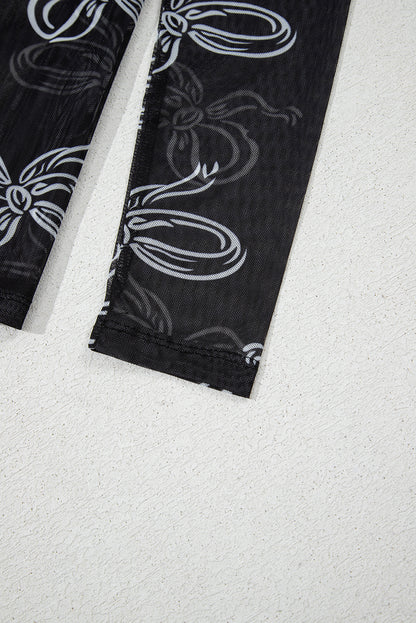 Black Round Neck Bow Print Long Sleeve Mesh Top