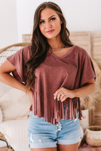 Red Fringe Hem V Neck T Shirt