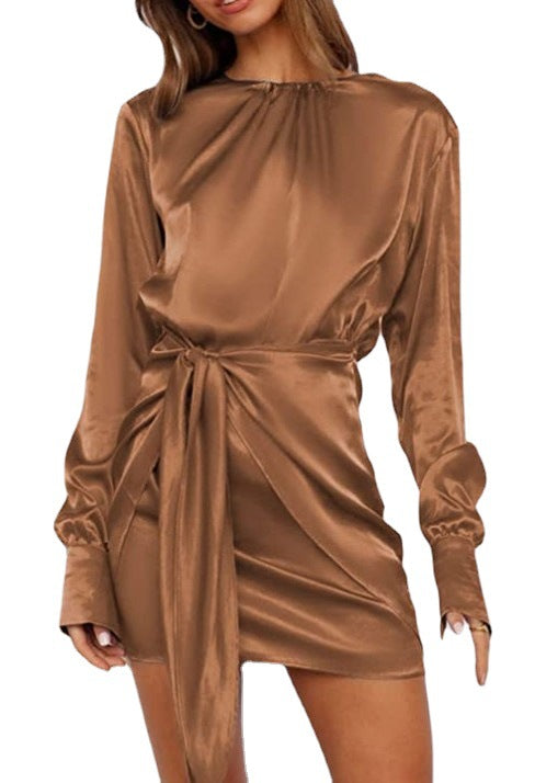 Women's Long Sleeve Round Neck Elastic Lace-up Satin Dress