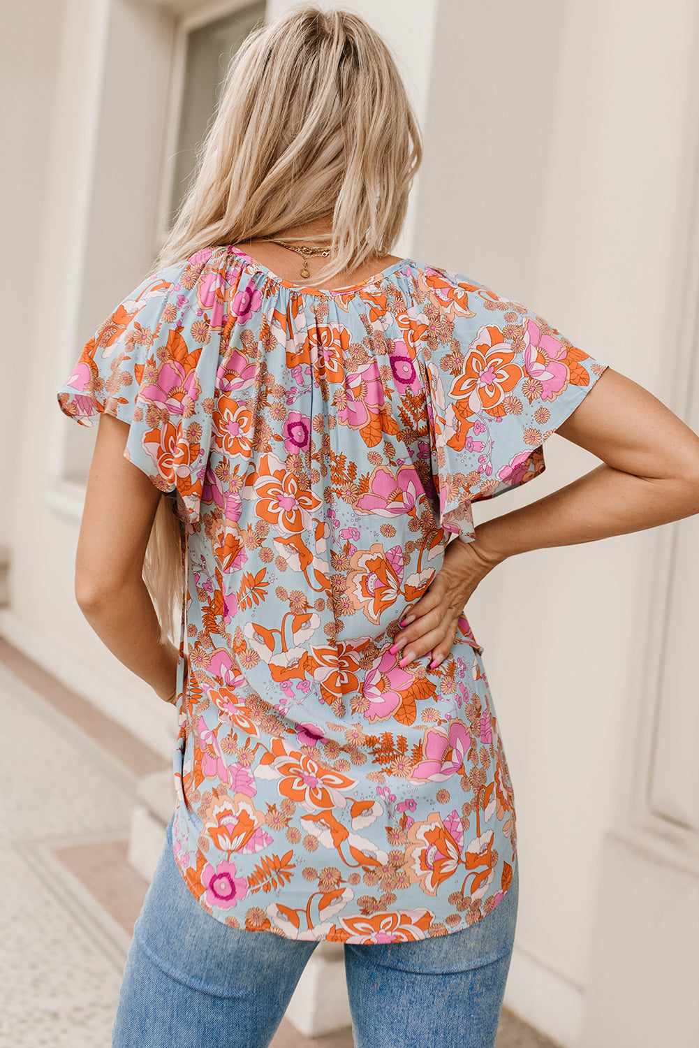 Brown Vintage Floral Smocked Bodice Flare Sleeve Tiered Long Dress