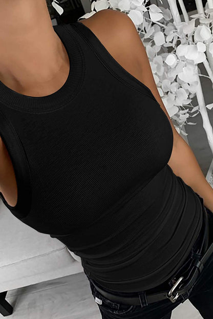 Solid Gray Round Neck Ribbed Tank Top