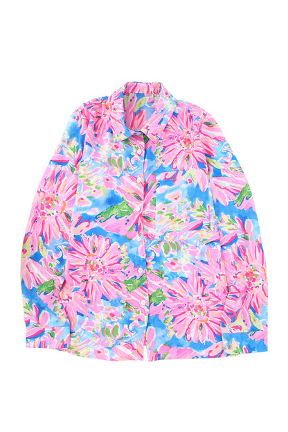 Pink Floral Print Buttoned V Neck Shirt