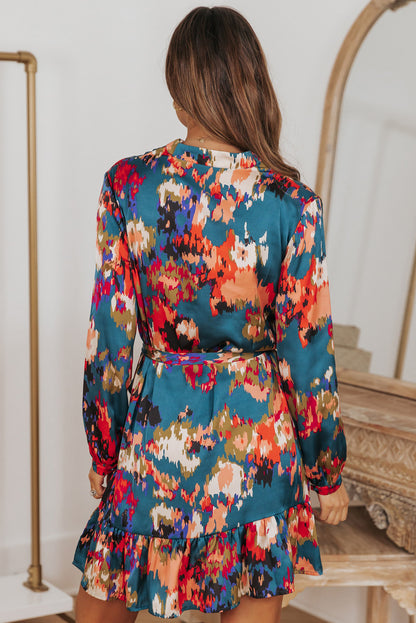 Black Abstract Print Ruffled Drawstring High Waist Mini Dress