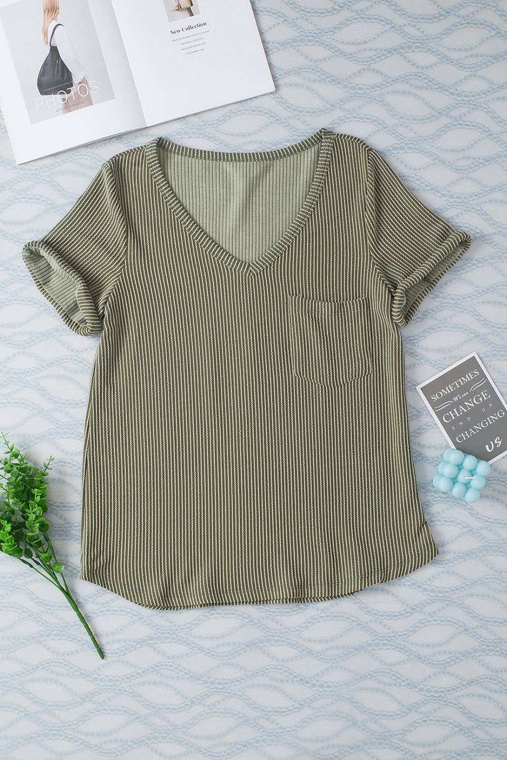 Carbon Grey Twist Short Sleeve Corded V Neck Top