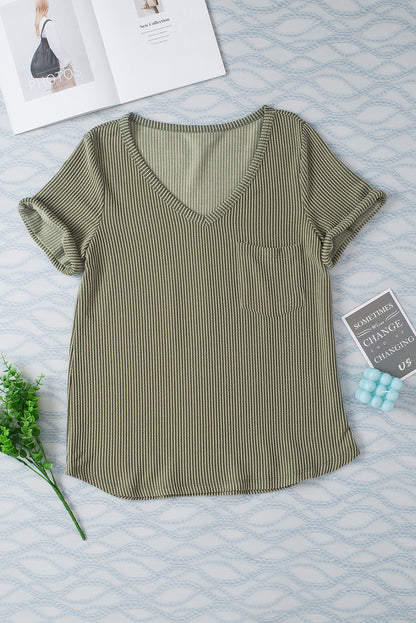 Carbon Grey Twist Short Sleeve Corded V Neck Top