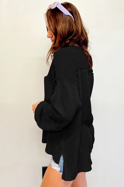 Chestnut Leopard Patchwork Chest Pocket Corded Henley Top