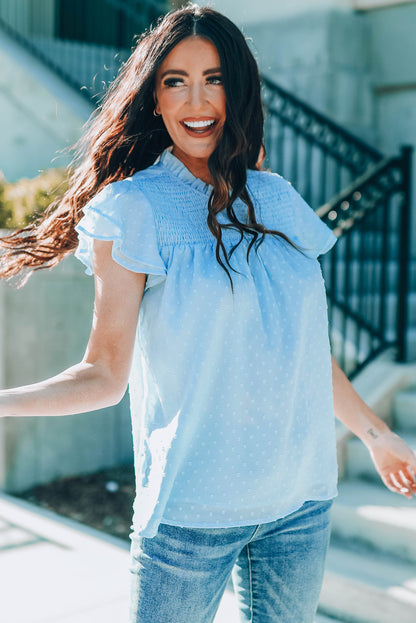 Green Tiered Sleeve Frilled Neck Dotted Top