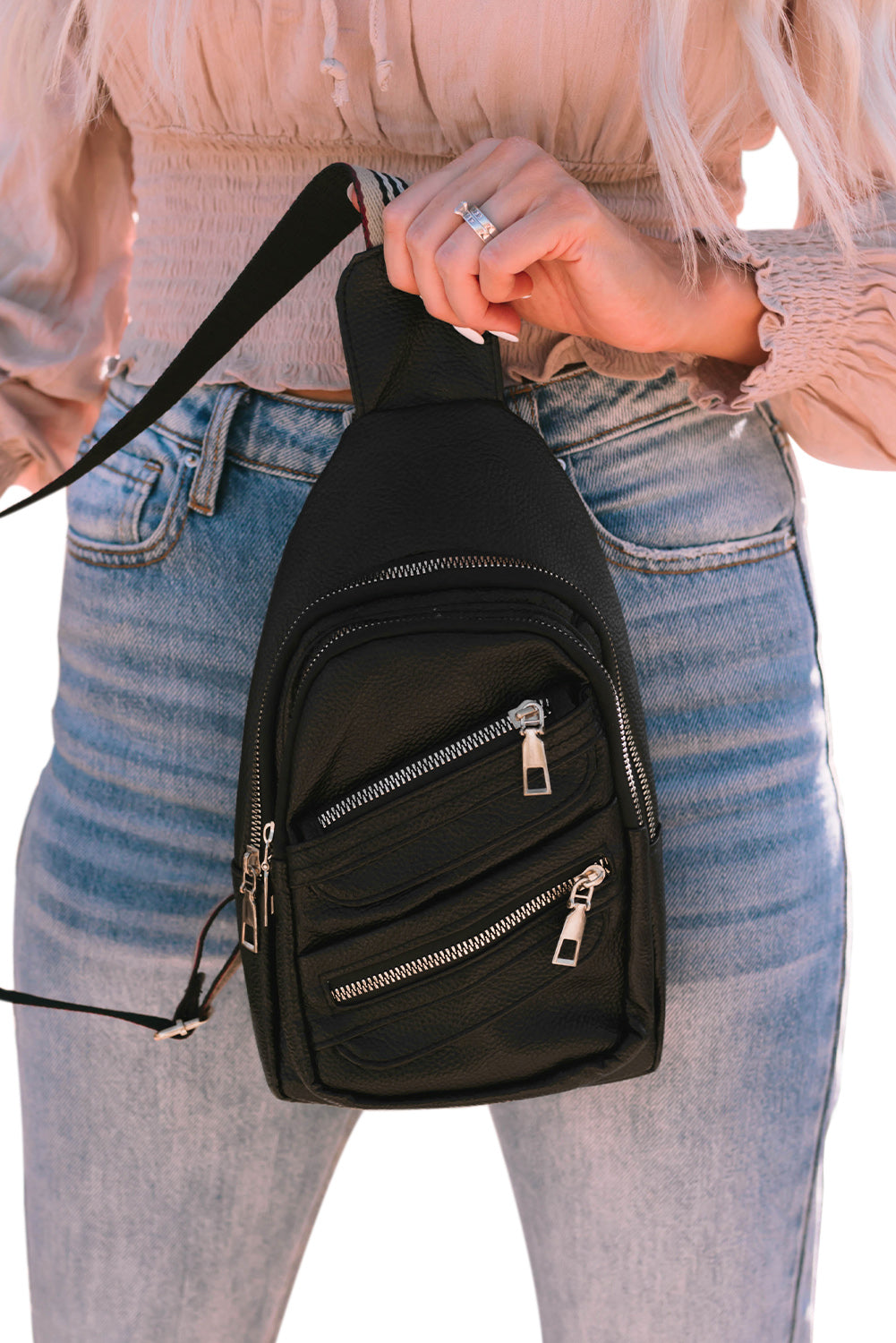 Brown Faux Leather Multi-pockets Zipped Chest Bag