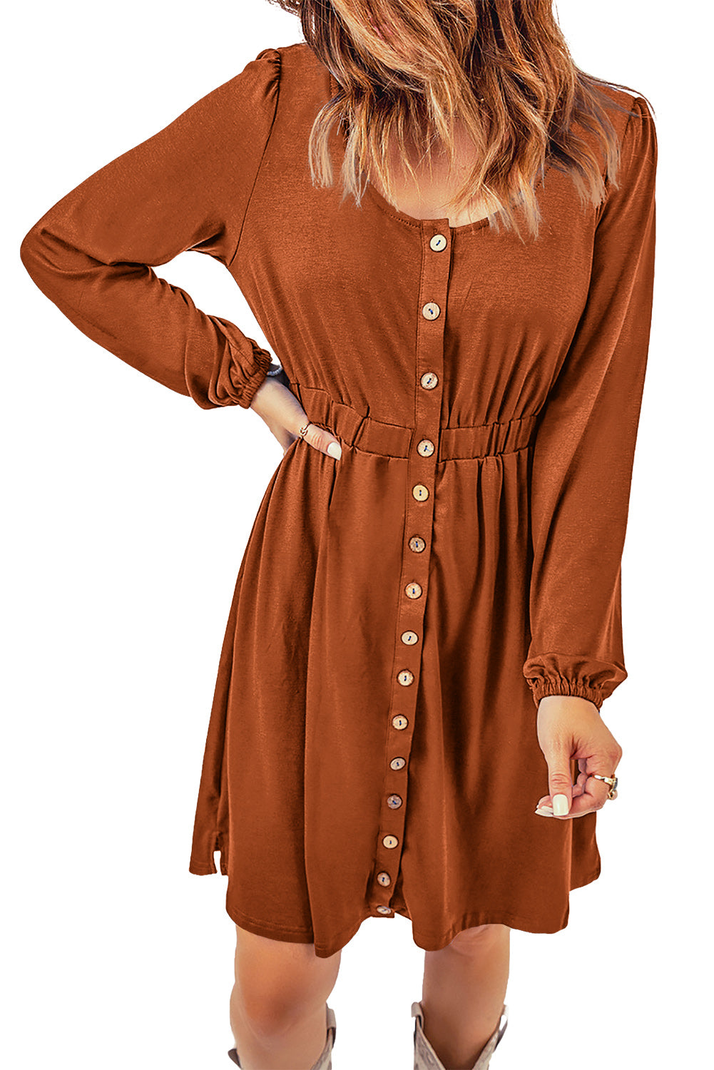 Orange Button Up High Waist Long Sleeve Dress