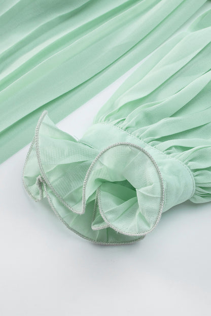 Sky Blue Pleated Ruffled Tie Waist Buttons V Neck Romper