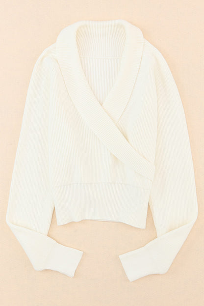 Beige Ribbed Long Sleeve Surplice Crop Sweater