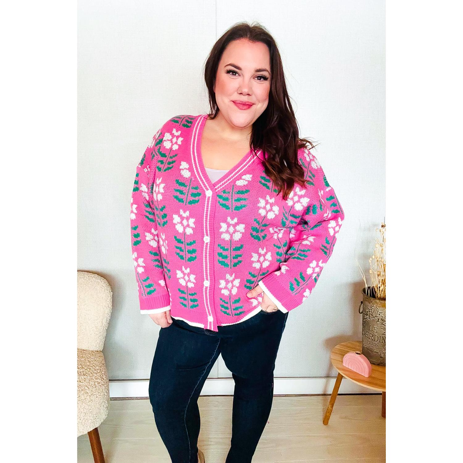 All For Love Fuchsia Flower Print Button Down Knit Cardigan