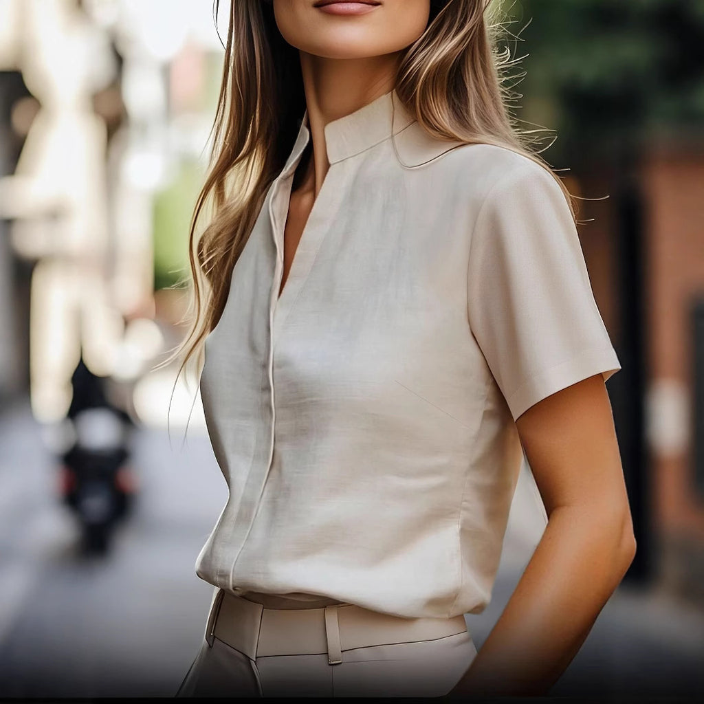 Stylish New Short-sleeve Loose-fitting Shirt With A Small Stand-up Collarversatile And Easy To Pair
