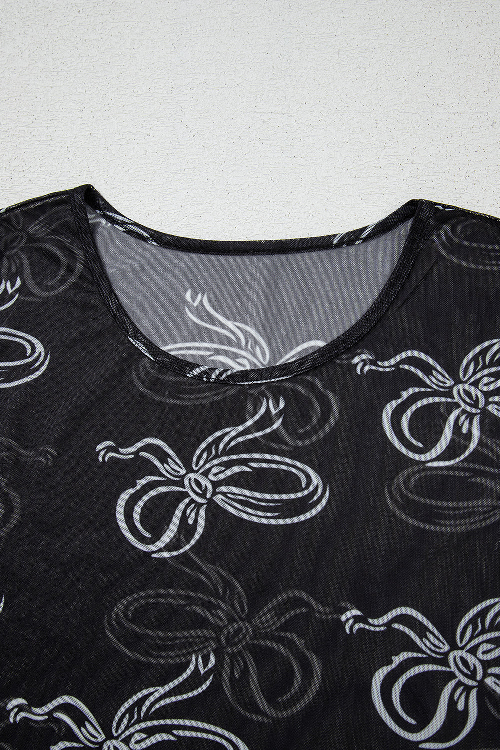 Black Round Neck Bow Print Long Sleeve Mesh Top