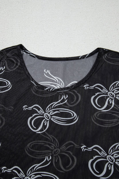 Black Round Neck Bow Print Long Sleeve Mesh Top