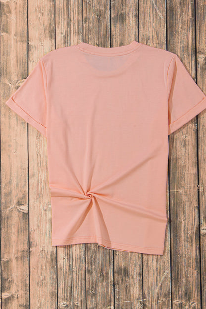 Pink Casual Plain Crew Neck Tee