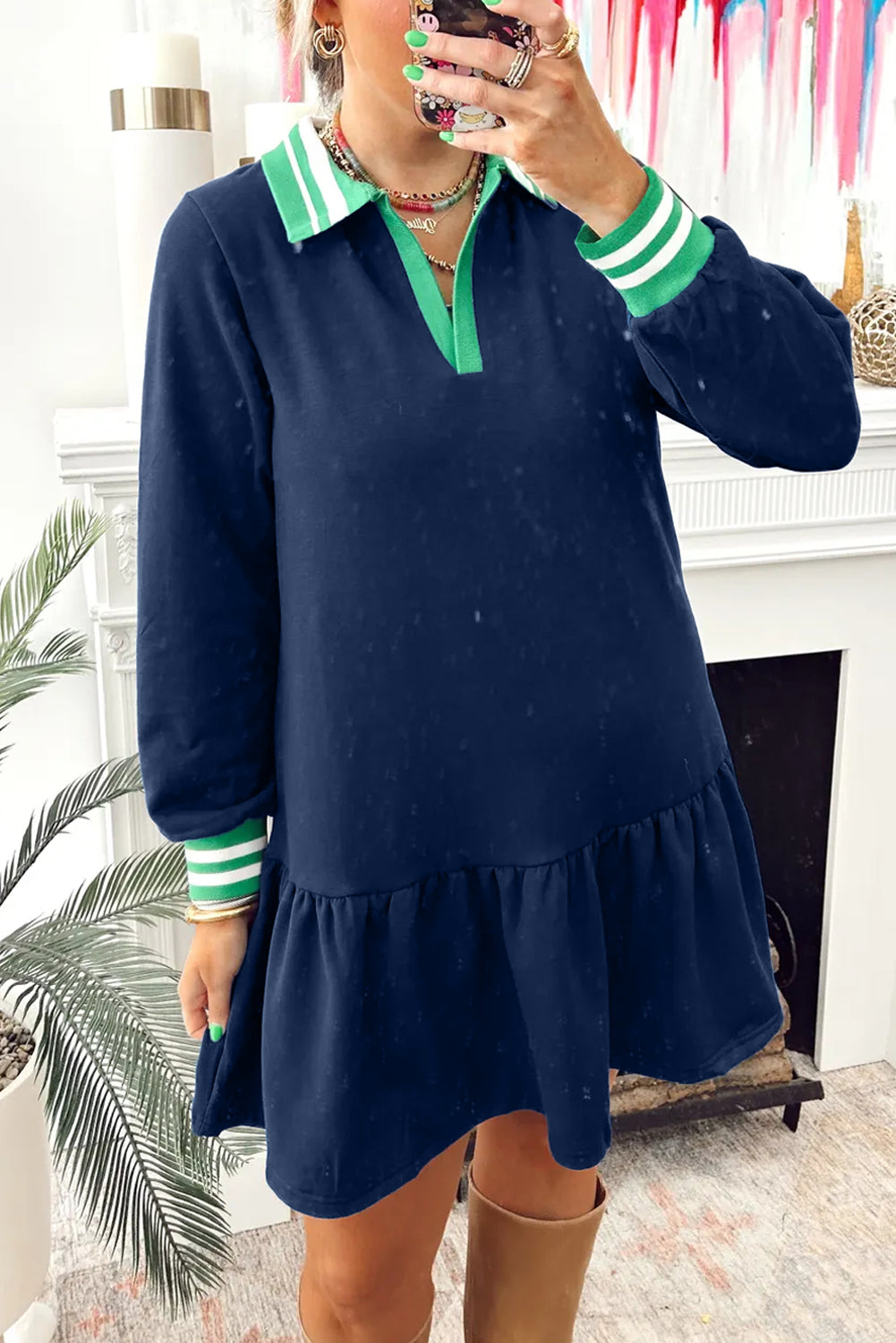 Navy Blue Contrast Striped Cuffs Polo Collar Patchwork Long Sleeve Ruffle Hem Mini Dress
