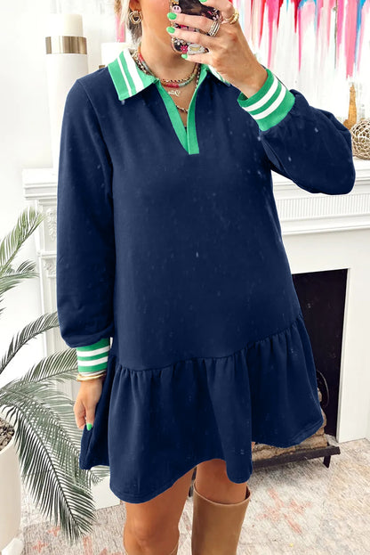 Navy Blue Contrast Striped Cuffs Polo Collar Patchwork Long Sleeve Ruffle Hem Mini Dress