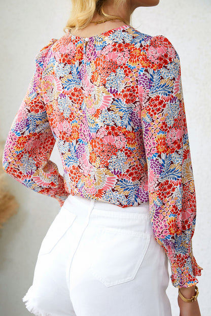 Red Cakewalk Floral Smocked Blouse